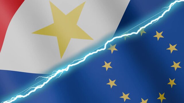 Two waving flags Saba and European Union with diagonal lightning seamless, 4k loop