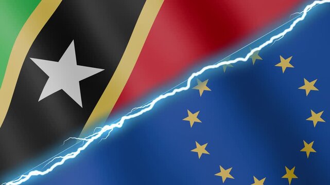 Two waving flags Saint Kitts and Nevis and European Union with diagonal lightning seamless, 4k loop