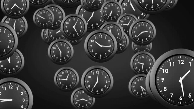 Animation of happy new year text over clocks ticking on black background