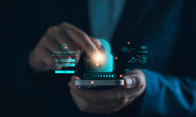 Cybersecurity dashboard interface showing data protection, business person login and network technology, digital padlock security systems, privacy controls. © LALAKA
