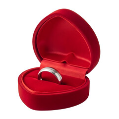 Red velvet heart-shaped ring box opened to reveal an engagement ring, symbolizing love, proposal, romance, and special moments, isolated on white or transparent background. PNG format.