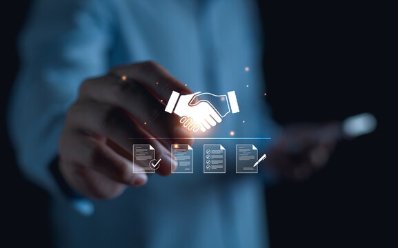 Businessman manage digital procurement process with business approval, invoice, contract documents, representing B2B sourcing, partnership, supply chain, e-procurement.