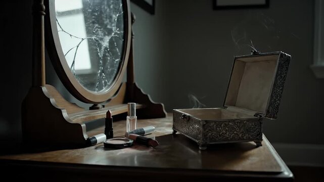 Disturbing Crime Scene of an Open Jewelry Box next to an Old Wooden Dressing Table with Broken Mirror and Spilled