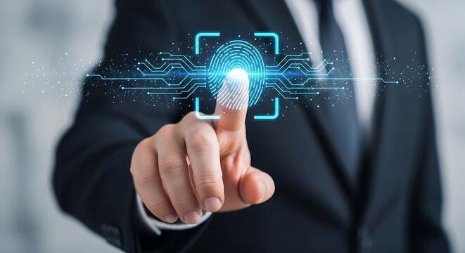 Finger touching a digital fingerprint scanner with circuit board lines, representing biometric security and identity verification.