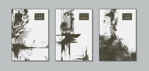 Abstract vector grunge cover set in steel gray with distressed texture background.