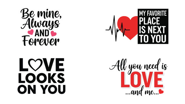 A collection of romantic typography designs featuring hearts love quotes and electrocardiogram lines