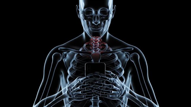 X-ray view of a human skeleton experiencing severe neck pain from smartphone use.