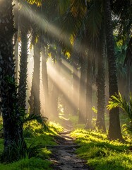 Sunlight streams through trees onto a path in a lush, green forest. Sunlight filters down, illuminating path