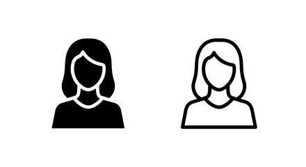 Simple icon representing a female user or profile in both solid black and outline versions