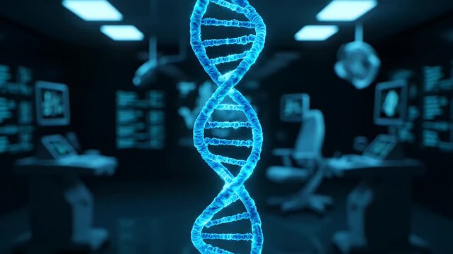 Glowing Blue Dna Helix Rotation in Dark Scientific Research Lab