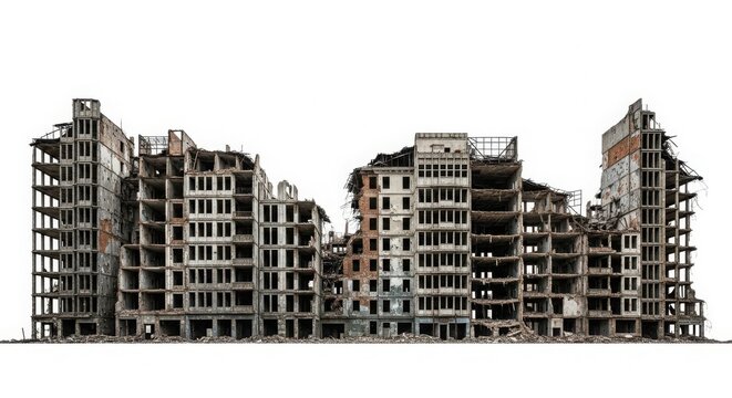 Abandoned urban buildings with exposed structure and debris under bright white sky conveying neglect and decay