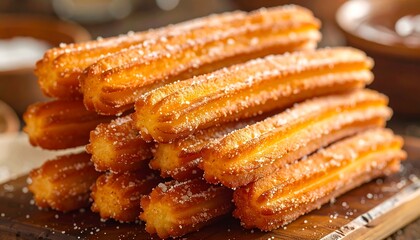 Stack of fried, sugar-dusted dough pastries on wooden surface, evoking warmth and sweetness