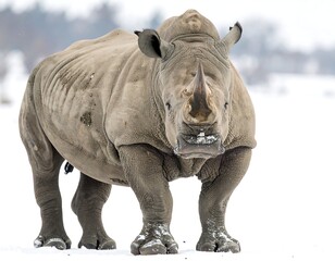 Fototapeta premium A large gray rhinoceros stands in a snowy field
