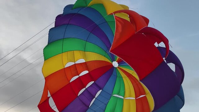 Bright rainbow parasail canopy filling sky over ocean 