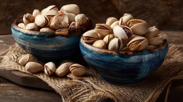 Two bowls of pistachios on a table. The bowls are blue and the nuts are scattered around them