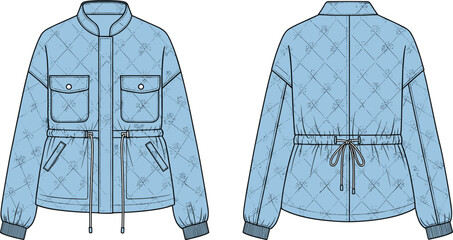 Front and back view technical fashion sketch of blue quilted jacket with drawstring waist, pockets, and rib cuffs © MSTMONIRA