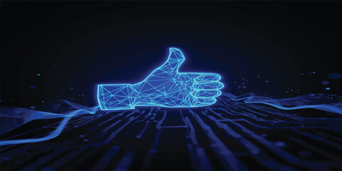 A 3d digital illustration of a glowing blue like symbol on both black and blue backgrounds, featuring a high-tech motion pattern that blends concepts of energy, global internet design, and light