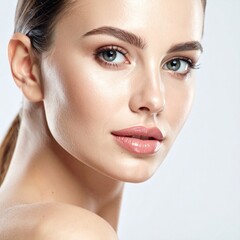 Primer plano de rostro femenino con piel hidratada y fresca, sensaci&oacute;n de frescura, fondo blanco limpio, iluminaci&oacute;n profesional de estudio, estilo publicidad cosm&eacute;tica