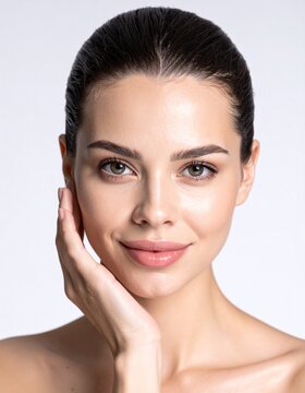 Primer plano de rostro femenino con piel hidratada y fresca, sensaci&oacute;n de frescura, fondo blanco limpio, iluminaci&oacute;n profesional de estudio, estilo publicidad cosm&eacute;tica
