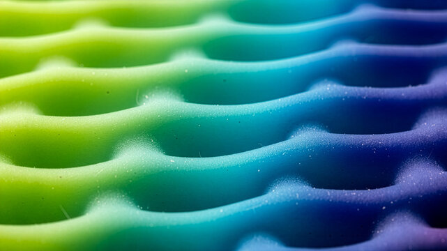 Magnified porous polyurethane foam lattice with chartreuse to cobalt chroma shift