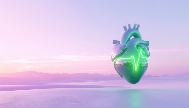 Futuristic digital heart with glowing green pulse floats in serene pastel landscape, symbolizing innovation and health