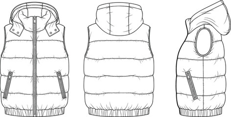 Hooded puffer vest technical fashion illustration showing front back and side view sleeveless jacket isolated on white background © MSTMONIRA