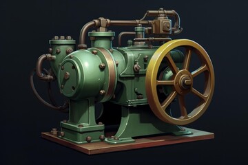 Naklejka premium Green and gold steam engine with flywheel and pipes, generating power on a wooden base