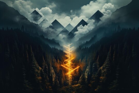 Glowing algiz rune illuminates a path through a dark forest leading towards majestic, fog covered mountains, creating a mystical and enchanting atmosphere