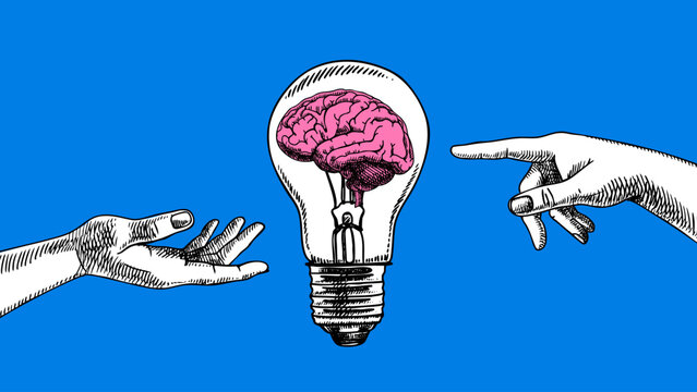 Trendy halftone collage of sketch hands with glowing bulb and brain. Idea concept. Startup, creativity, education, e-learning, innovation, coworking design. Hand drawn retro vector illustration.