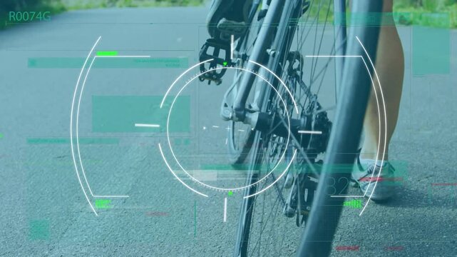 Animation of scope scanning over low section of caucasian female cyclist getting on a bike on road