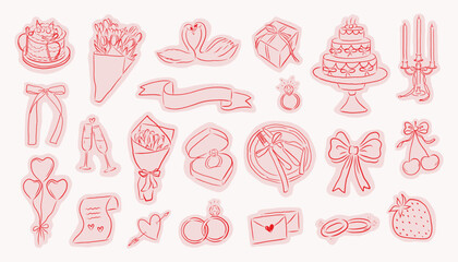Valentine’s Day elements, including rings, cakes, flowers, swans, balloons, champagne glasses, gifts, bows, candles, envelopes, and decorati © lana_art