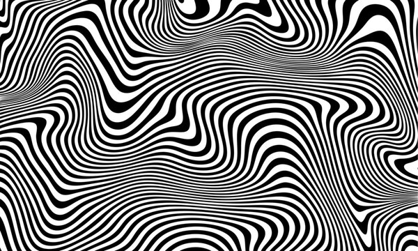 A black and white overlay contour showcases waves, swirls, and twisted patterns in a trendy retro psychedelic style, producing a