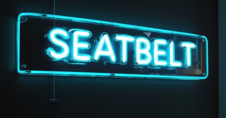 Obraz premium Bright neon sign displays SEATBELT. Blue glow contrasts dark background. Simple rectangular design, modern aesthetic. Safety message emphasized.