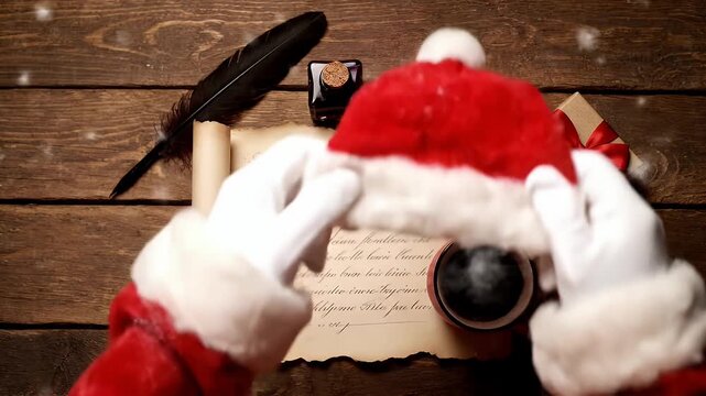 Santa Claus holds his hat over a letter written with a quill on a wooden desk.
