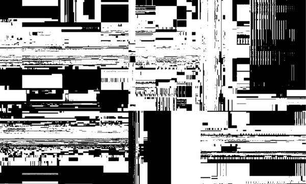 Abstract distorted black noise geometric motion glitch overlay effect distress texture. Monochrome interlaced digital overlay vector background.