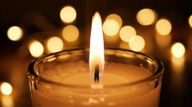 Close-up of a lit candle flame with soft bokeh lights in the background