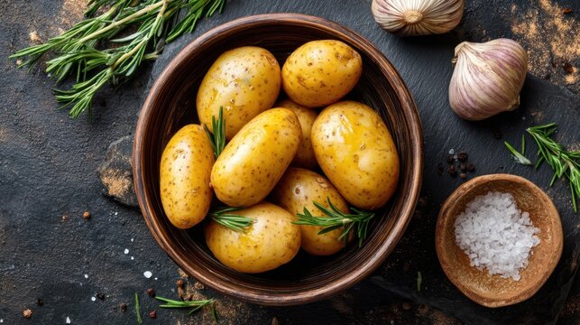 Bowl of potatoes with rosemary and salt on a table. The bowl is full of potatoes and the rosemary is on top of them