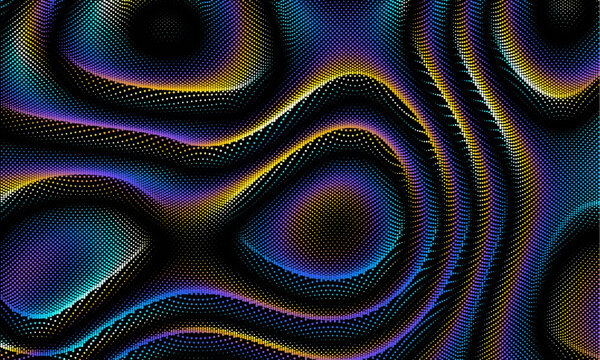 Flowing particles wave pattern, colorful dots isolated on black background. Ripple waves effect. Vector in concept of AI technology, science