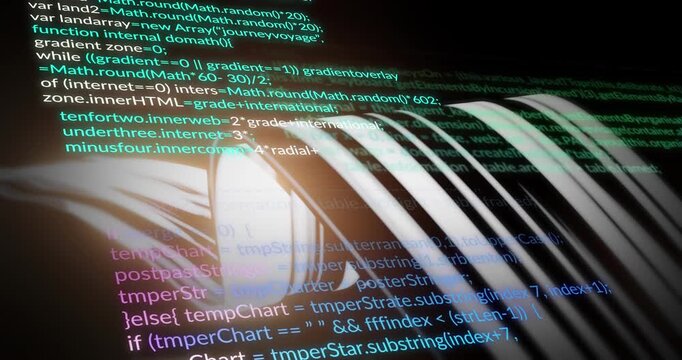 Animation of computer language over wave pattern against black background