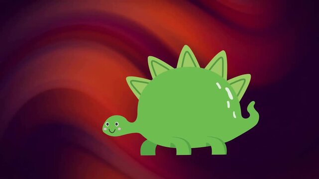 Animation of green illustrative dinosaur over red wave pattern against black background