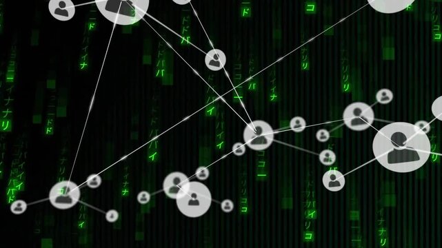 Animation of network of connections with icons over binary coding data processing