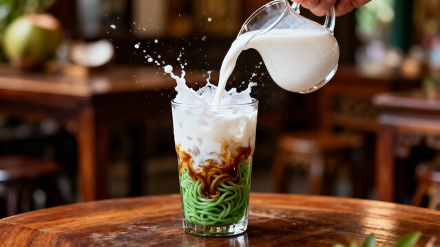 Close-up Action Shot of Pouring Coconut Milk into Es Cendol Dessert, Refreshing Traditional Iftar Drink Photography.