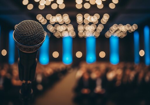 Professional Dynamic Microphone Close Up on Stage with Blurred Audience Cinematic Lighting