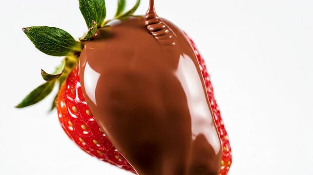 Close-up of Rich Milk Chocolate Drizzling Onto a Fresh, Ripe Strawberry