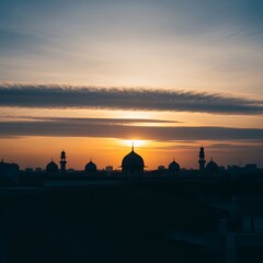 Obraz premium City Skyline with Mosque Domes and Minarets During Sunset in Warm Colors