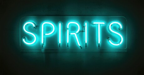 Bright neon sign displays word Spirits. Turquoise glow contrasts dark background. Simple, modern aesthetic. Minimalist design.