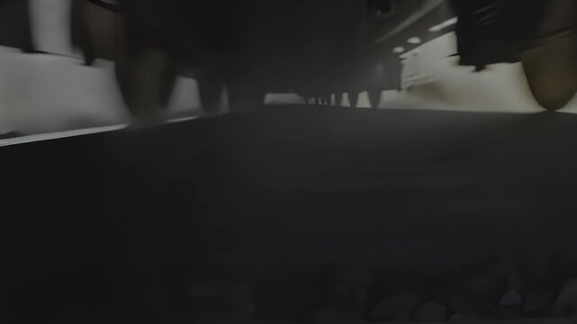 Train approaching along railway tracks with gravel and grass on either side, showing the gradual movement and perspective shift as it nears the camera, hdr video with neutral color