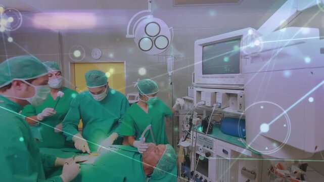 Performing operation, surgeons using medical technology animation over hospital equipment