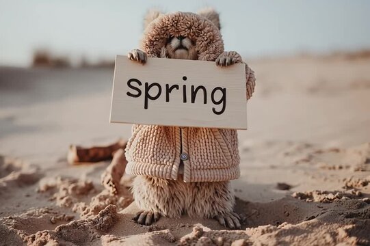 Cute woodchuck wearing a hooded sweater holding a spring announcement sign outdoors.