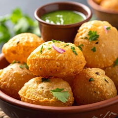 Stack of golden, fried puri pastries, garnished, served with vibrant green chutney in earthy clay bowls